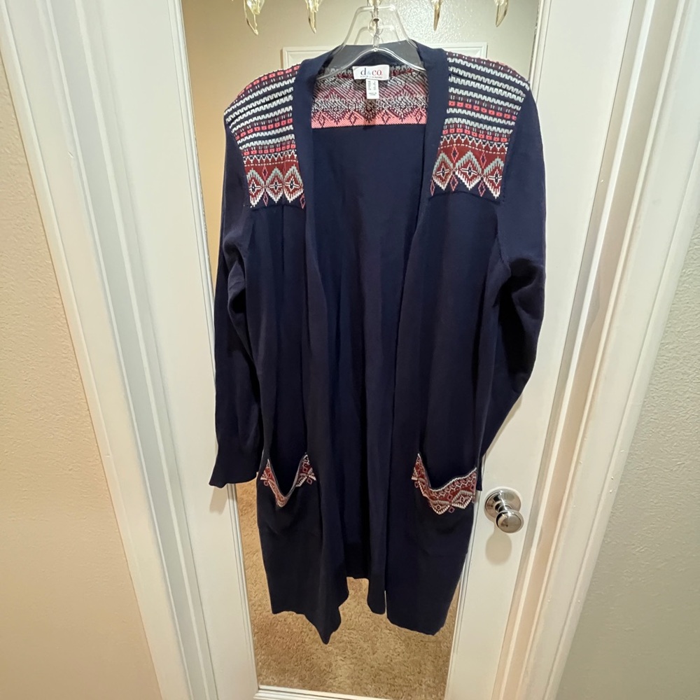 D&Co Open-Front Cardigan Navy Sweater Fair Isle Festival Size Large Preowned